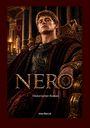 "NERO. Historischer Roman. Uwe Barcal." Ein junger Mann in römischer Kleidung sitzt auf einem prunkvollen Thron.