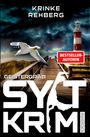 Oben steht "KRINKE REHBERG". Darunter "GEISTERGRAB", "SYLT KRIMI". Eine Möwe fliegt vor einem Leuchtturm über Dünen.