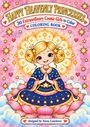 Titel: "Happy Heavenly Princesses". Junge Prinzessin in blauem Kleid, umgeben von Sternen und Herzen, sitzt auf einer Lotusblume.