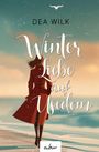 "Winter Liebe auf Usedom" von Dea Wilk. Illustration: Frau im roten Mantel, Spaziergang im Schnee, Himmel mit Schneeflocken.