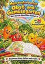„Mein kunterbunter Obst- und Gemüsegarten“, bunte, fröhliche Früchte und Gemüse mit offenem Malbuch im Garten.