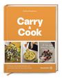 Cover in Orange mit Titel "Carry & Cook" von Andrea Haselmayr, darunter Bilder von Gerichten und Texten über Rezepte.