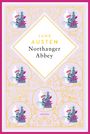 "JANE AUSTEN Northanger Abbey ANACONDA". Buntes, florales Muster mit Silhouetten eines Paares und verschnörkelten Details.
