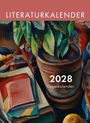 Oben steht "LITERATURKALENDER", unten "2028 Tageskalender". Ein Gemälde zeigt einen Blumentopf und Bücher.