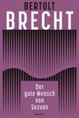 "Bertolt Brecht, Der gute Mensch von Sezuan, Anaconda." Lila Hintergrund, schwarze geometrische Formen.