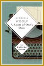 Text: "Virginia Woolf, A Room of One’s Own, The English Edition." Illustration einer Schreibmaschine auf grünem Hintergrund.