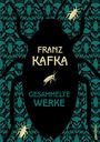 "FRANZ KAFKA GESAMMELTE WERKE" auf einem großen Käfer, mit Blumenmustern und kleinen Käfern verziert.