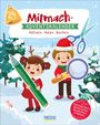 "Mitmach-Adventskalender: Rätseln, Malen, Basteln" in winterlicher Illustration, Kinder im Schnee mit Buntstift und Lupe.