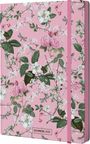 Text: "Schreibliebe." Rosa Hintergrund, Blumenmuster mit weißen und rosa Blüten, grünen Blättern und Schmetterlingen.
