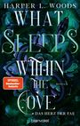 Buchtitel: "What Sleeps Within the Cove, Das Herz der Fae". Illustration zeigt eine schwarze Schlange auf einem blumigen Hintergrund.