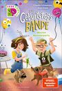 „Die Geburtstags-Bande: Mission Monsterparty“. Kinder basteln und ein Hund mit Spielzeug auf Party mit bunten Ballons.