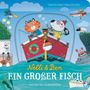 Text: "Nelli & Ben: Ein großer Fisch". Illustration: Eine Katze und ein Hund auf einem roten Boot, umgeben von Wasser und Tieren.
