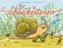 "Schneckentempo" mit bunten Blumen, einer fröhlichen Schnecke, Ameisen und einem Wurm im Vordergrund. Buchcover-Illustration.