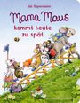 „Mama Maus kommt heute zu spät“ von Kai Oppermann. Illustration: Mäusefamilie auf Tandemrad im Grünen mit Tieren.