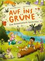 "AUF INS GRÜNE" Eine Bildwörterbuch-Geschichte. Kinder und Tiere spielen fröhlich in einer bunten Waldlandschaft.