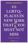 Text: "111 LGBTQ+ Places in New York That You Must Not Miss." Illustration: Freiheitsstatue mit Regenbogenflamme.