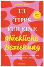 "111 Tipps für eine glückliche Beziehung" vor rotem Herzmuster auf rosa Hintergrund.