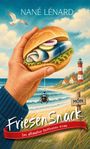 „FriesenSnack: Der ultimative Ostfriesen-Krimi“ von Nané Lénard. Eine Hand hält ein Brötchen mit Fisch vor Küstenlandschaft.