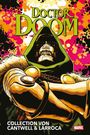 "DOCTOR DOOM" und "COLLECTION VON CANTWELL & LARROCA". Illustration von Doctor Doom in Rüstung mit Kapuze, psychedelischer Hintergrund.