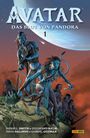 "AVATAR: DAS BLUT VON PANDORA 1". Science-Fiction-Illustration von blauen, humanoiden Wesen mit Waffen und einem Planeten im Hintergrund.