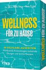 "Wellness für zu Hause" in großen Buchstaben, türkisfarbener Hintergrund mit Mustern, rote Akzente.