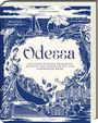 „Odessa: Ein ukrainisches Kochbuch. Rezepte und Geschichten vom Schwarzen Meer.“ Illustration mit Wellen, Muscheln, Stadtansicht.