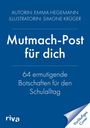 Blauer Hintergrund mit weißem Text: Titel und Autoreninfo, „64 ermutigende Botschaften für den Schulalltag“, riva-Logo.