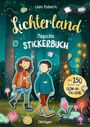 „Lichterland – Magisches Stickerbuch“, „Über 150 Sticker plus Glow-in-the-dark“. Zwei fröhliche Kinder im Wald.