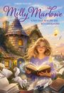 „Milly Marlowe und das magische Bücherdorf“ von Sarah Fleury. Eine Illustration mit einem Mädchen und einem Buch.
