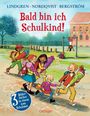 „Bald bin ich Schulkind!“ Drei Kinder mit Schultüten gehen fröhlich auf einem Schulhof, ein Kind hängt kopfüber.