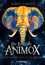 „Die Erben der Animox: Der Kampf des Elefanten“. Farbige, geometrische Illustration eines Elefantenkopfes.