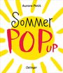 Text: "Aurore Petit, Sommer POP UP, Oetinger". Illustration: Gelbe Sonne mit Strahlen und rotem Text.