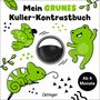 "Mein GRÜNES Kuller-Kontrastbuch", "Ab 6 Monate", "Oetinger". Illustration: Grüner Papagei, Frosch, Chamäleon, Blattmuster.