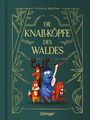 Text: "Die Knallköpfe des Waldes". Illustration: Tiere in leuchtenden Farben mit geometrischen Baumdekorationen.