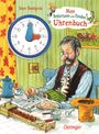 "Mein Pettersson und Findus Uhrenbuch", eine Illustration zeigt Pettersson mit Findus auf dem Schoß bei einer Tischszene mit Essen.