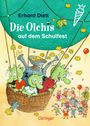 "Erhard Dietl, Die Olchis auf dem Schulfest." Illustration: Grüne Figuren im Heißluftballon, Kinder unten mit Luftballons.