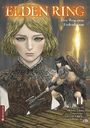 „Elden Ring: Der Weg zum Erdenbaum.“ Illustration einer Figur mit blauen Augen und goldenen Haaren, gefolgt von Krieger.