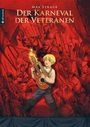 "Der Karneval der Veteranen" von Max Straub. Illustration mit fröhlichem Jungen, Gitarre und kämpfenden Rittern im Hintergrund.