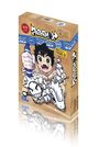Auf einer Verpackung steht "Papermon". Ein fröhlicher Cartoon-Junge hält einen blauen Stift, umgeben von gezeichneten Kreaturen.