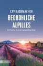 Titel: "Bedrohliche Alpilles". Autor: Cay Rademacher. Provence-Krimi. Lavendelfeld bei Sonnenuntergang, alte Steinmauer.