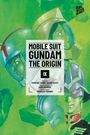 Text: "Mobile Suit Gundam The Origin IX". Illustration mit drei Figuren in Raumanzügen vor grünem Hintergrund.