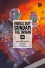"MOBILE SUIT GUNDAM THE ORIGIN XII" Autoren: Yoshiyuki Tomino, Hajime Yatate. Illustration: Zwei Figuren in Raumanzügen.