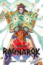 "Record of Ragnarok" mit rotem Drachenlogo. Illustration eines lächelnden Mannes in Rüstung, Blitze umgeben ihn.