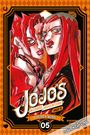 „JOJO'S BIZARRE ADVENTURE PART 5 GOLDEN WIND“, Manga-Kunst mit zwei ausdrucksstarken Figuren auf orangem Muster.