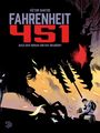 „VÍCTOR SANTOS FAHRENHEIT 451 NACH DEM ROMAN VON RAY BRADBURY“  
Illustration eines knienden Mannes, umgeben von Flammen und Papier.
