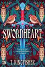 „Swordheart“ von T. Kingfisher. „Liebe ist ein zweischneidiges Schwert“. Illustration mit Schwert, Vögeln und Türmen.
