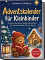 „Adventskalender für Kleinkinder“ von Katharina Rehbein. Ein Bär mit Mütze hält ein Buch, umgeben von Schnee und Lichtern.