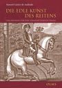 "Die edle Kunst des Reitens" und "Erklärungen für eine vernunftgemäße Praxis" auf rotem Hintergrund. Illustration eines Reiters auf einem Pferd.