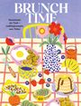 Texte: "BRUNCH TIME", "Gemeinsam am Tisch – Lieblingsrezepte zum Teilen". Illustration eines gedeckten Tisches mit Blumen, Speisen und Getränken.