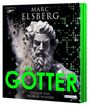 „Götter“, Marc Elsberg, gelesen von Dietmar Wunder. Illustration: Statue eines Gottes mit pixelartigem Hintergrund.